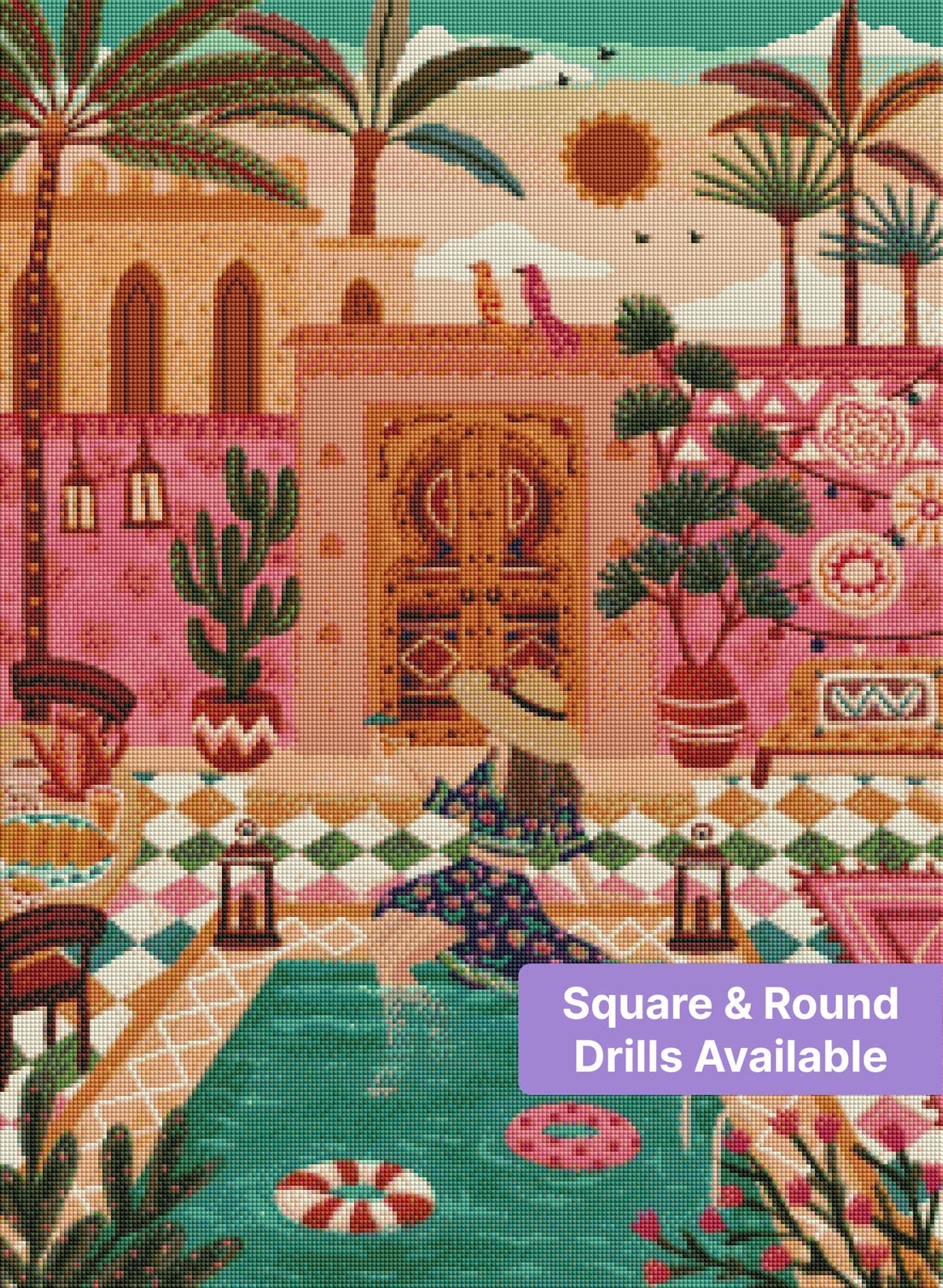 Moroccan courtyard pool scene with palm trees, bright tiles, and warm bohemian decor