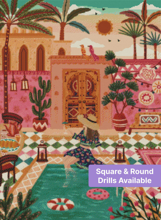Moroccan courtyard pool scene with palm trees, bright tiles, and warm bohemian decor