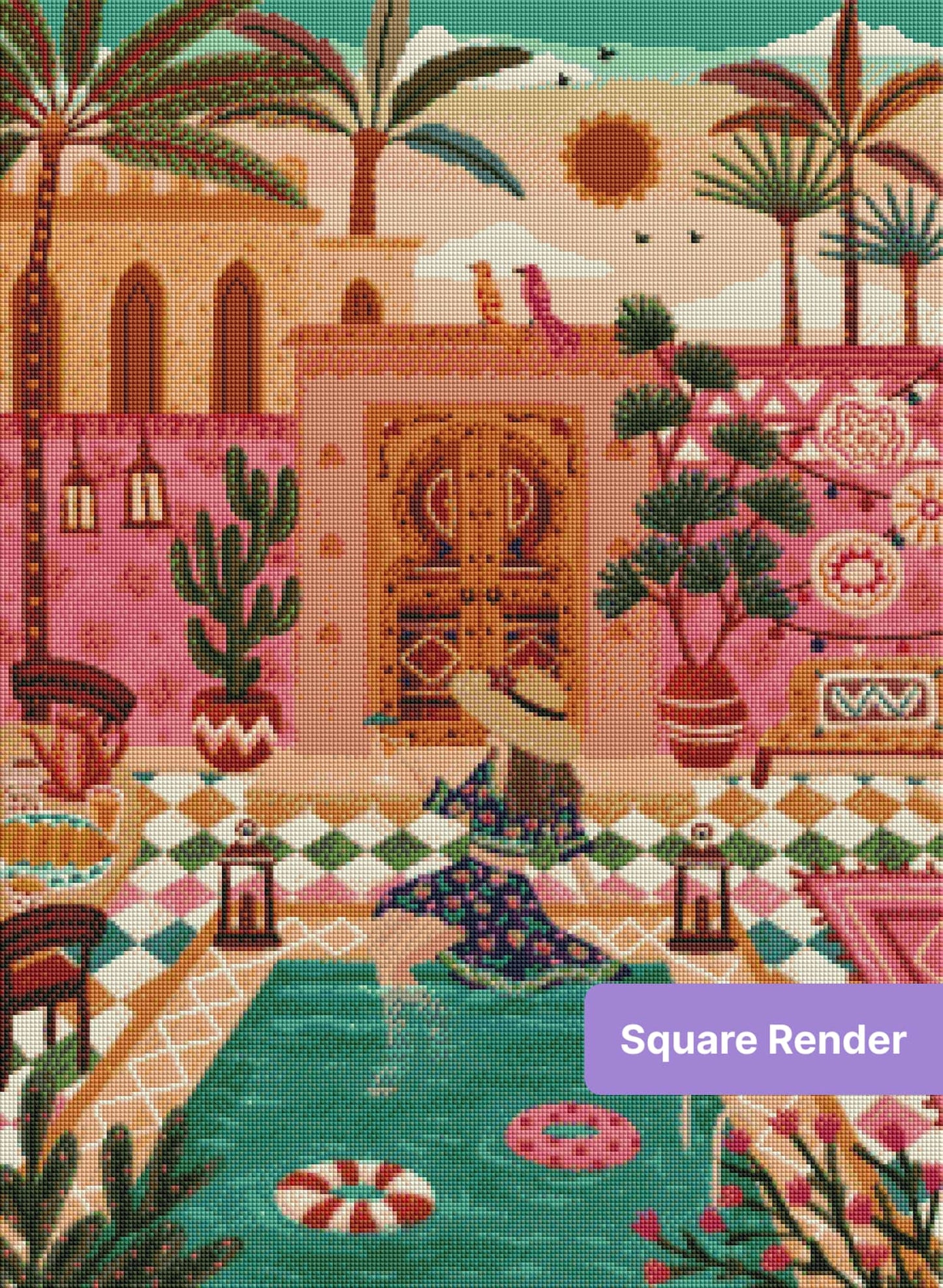 Moroccan courtyard pool scene with palm trees, bright tiles, and warm bohemian decor