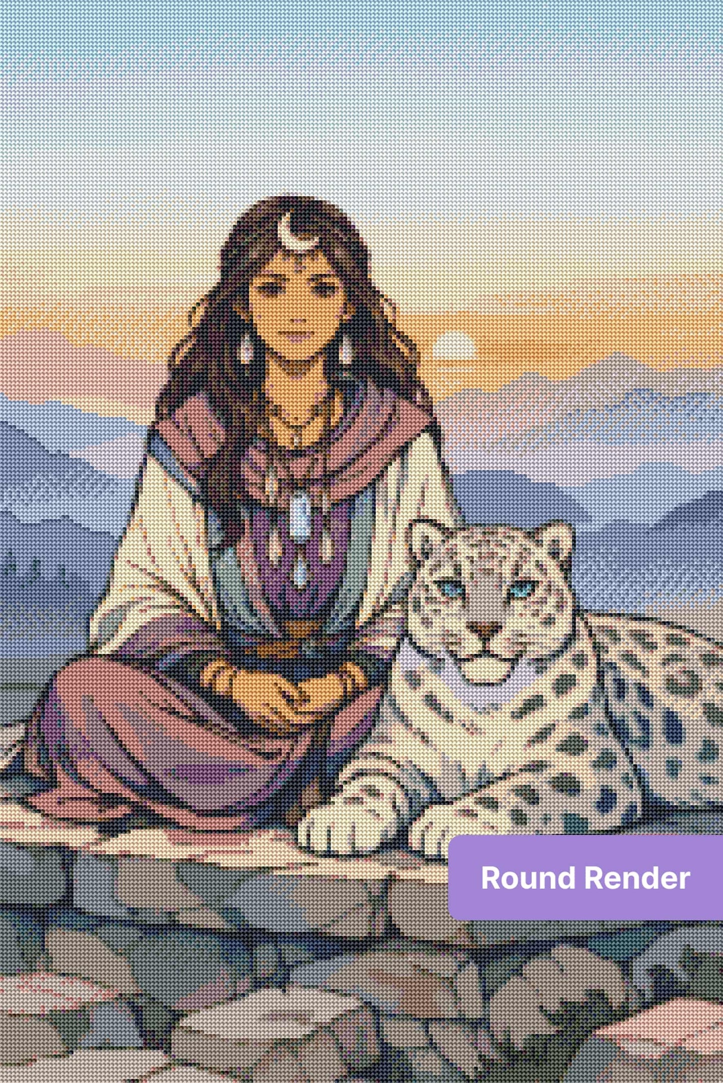 Fantasy woman with snow leopard at sunset in soft pastel mountain landscape