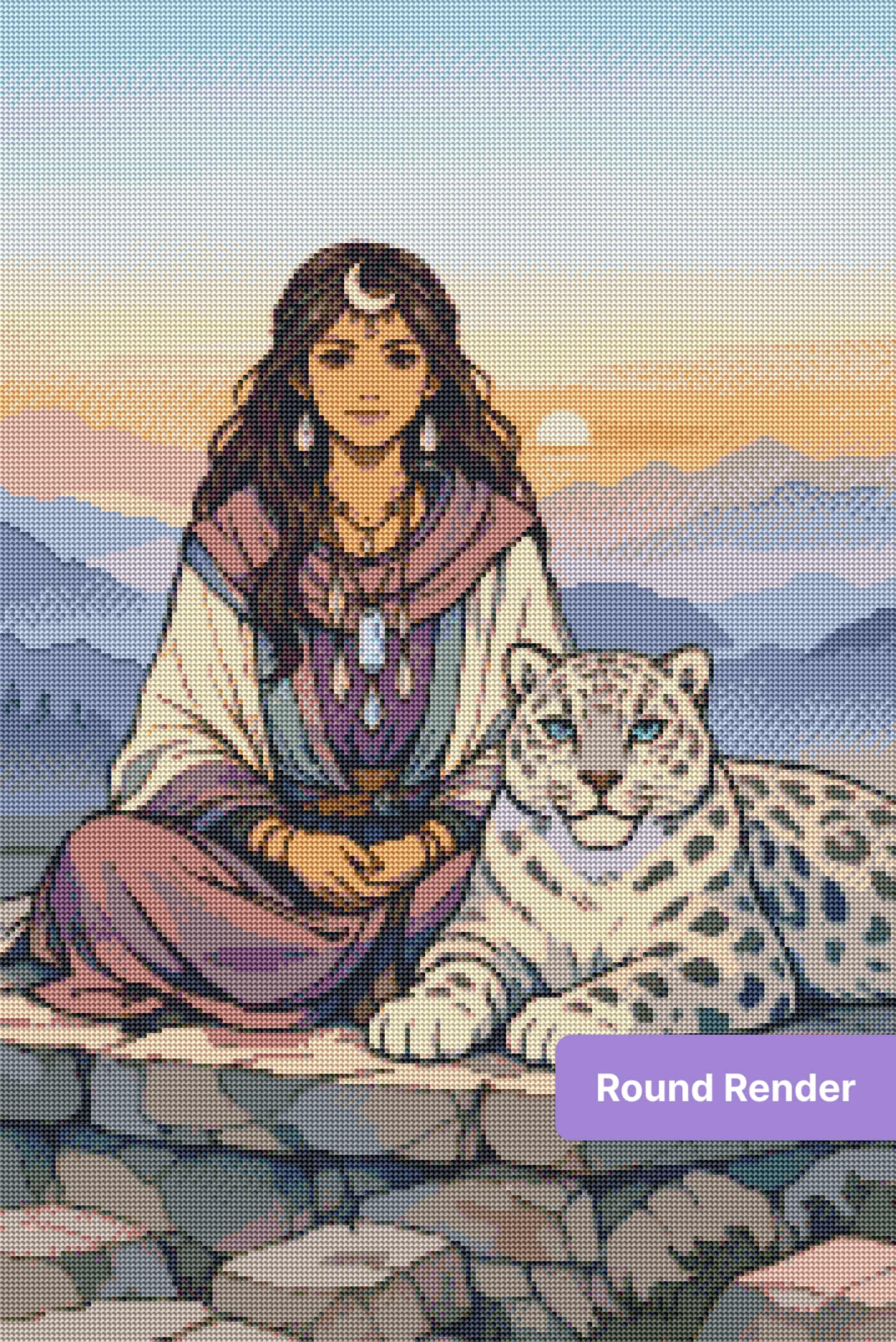 Fantasy woman with snow leopard at sunset in soft pastel mountain landscape