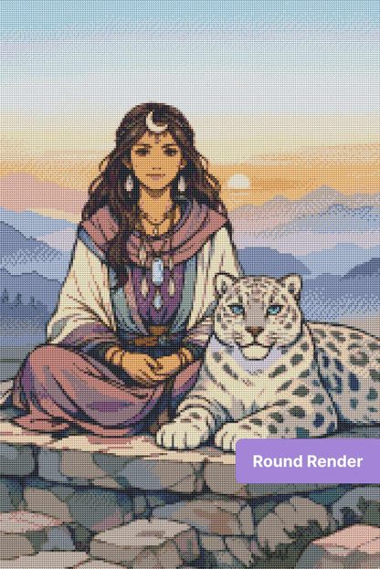 Fantasy woman with snow leopard at sunset in soft pastel mountain landscape