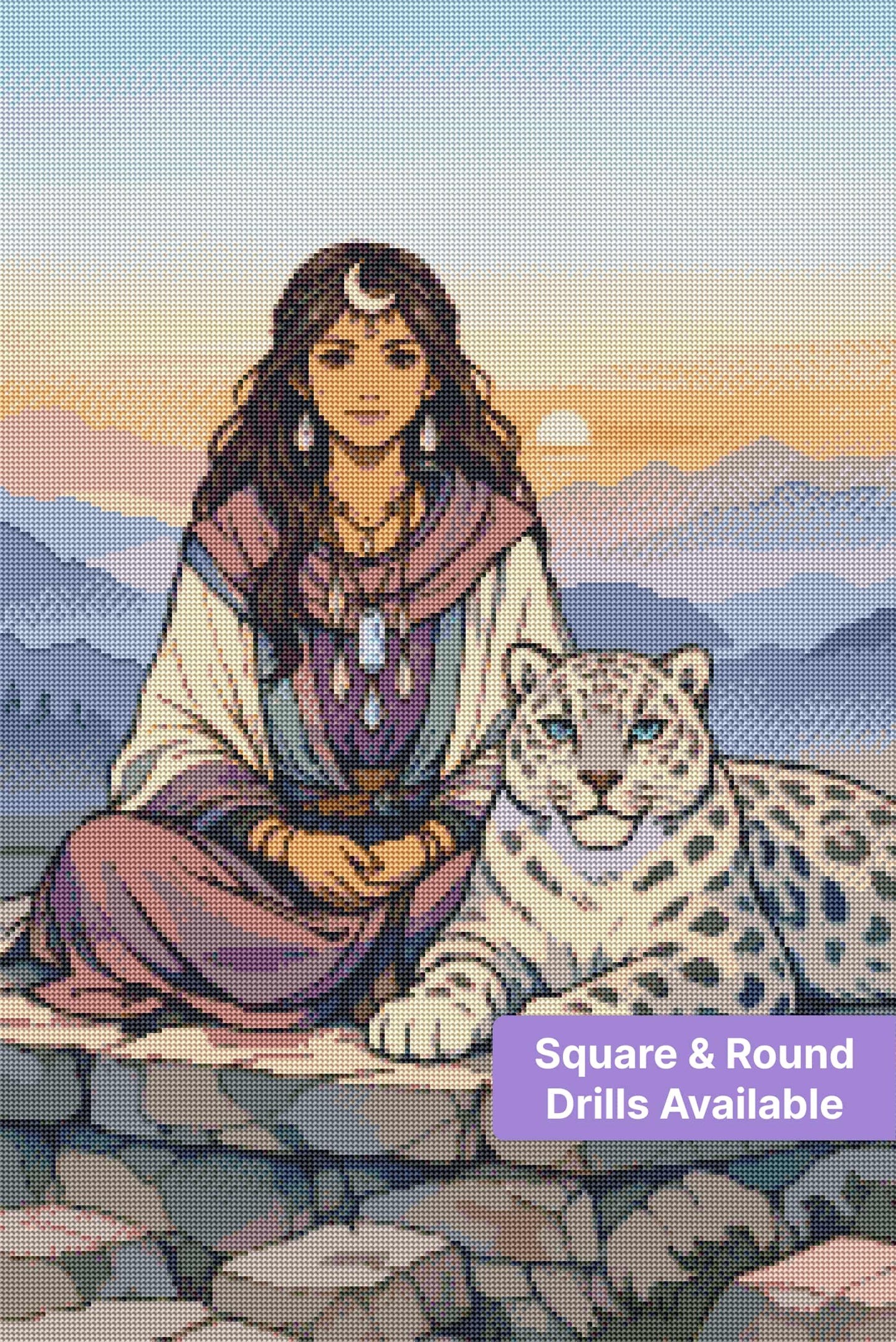 Fantasy woman with snow leopard at sunset in soft pastel mountain landscape