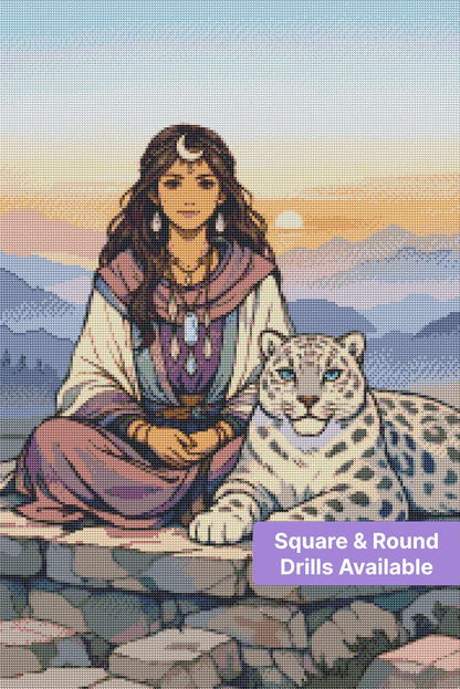 Fantasy woman with snow leopard at sunset in soft pastel mountain landscape