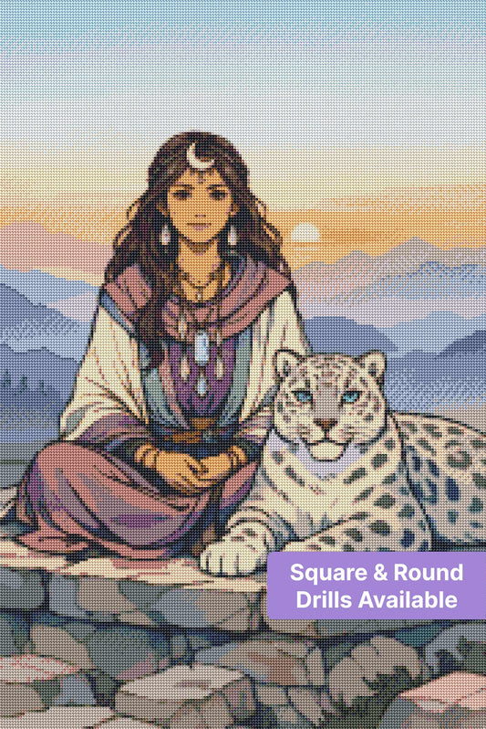 Fantasy woman with snow leopard at sunset in soft pastel mountain landscape