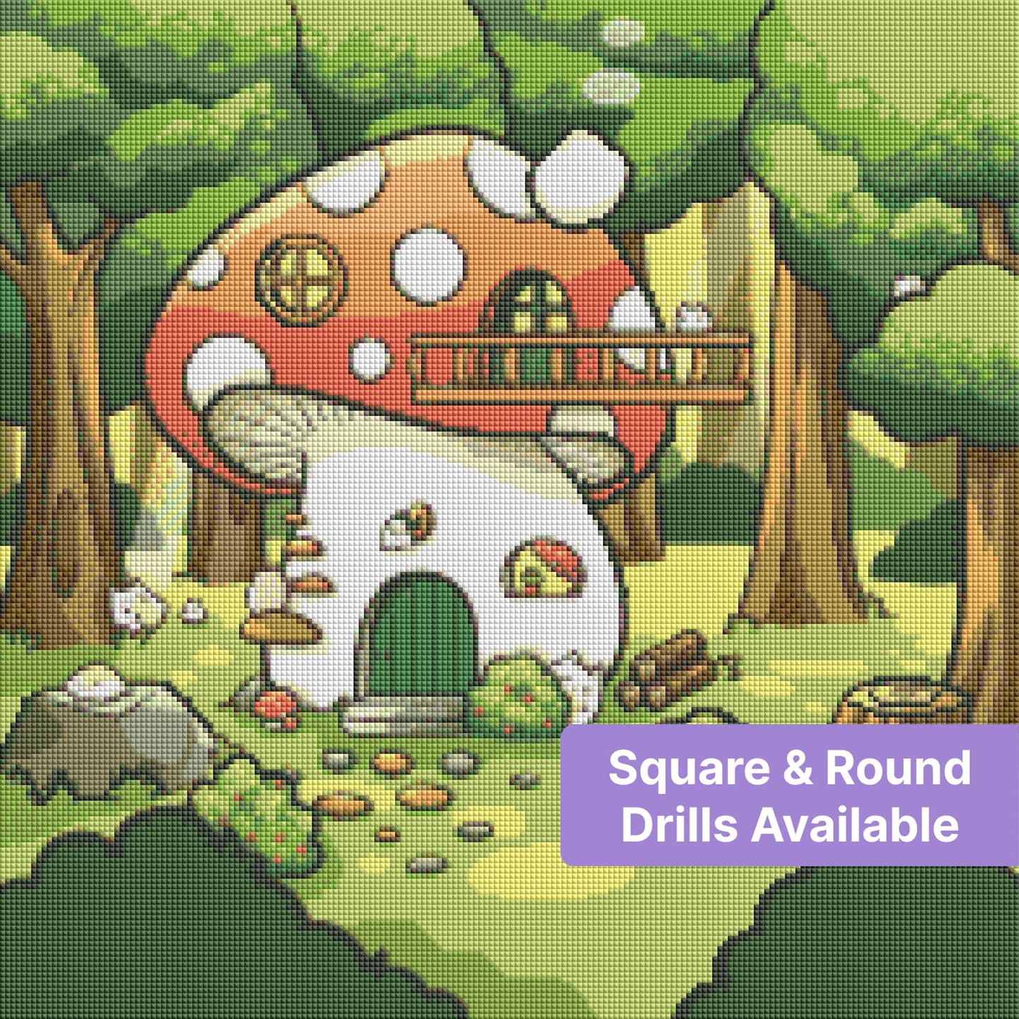 Cute mushroom house in a whimsical forest with trees, greenery, and tiny woodland animals