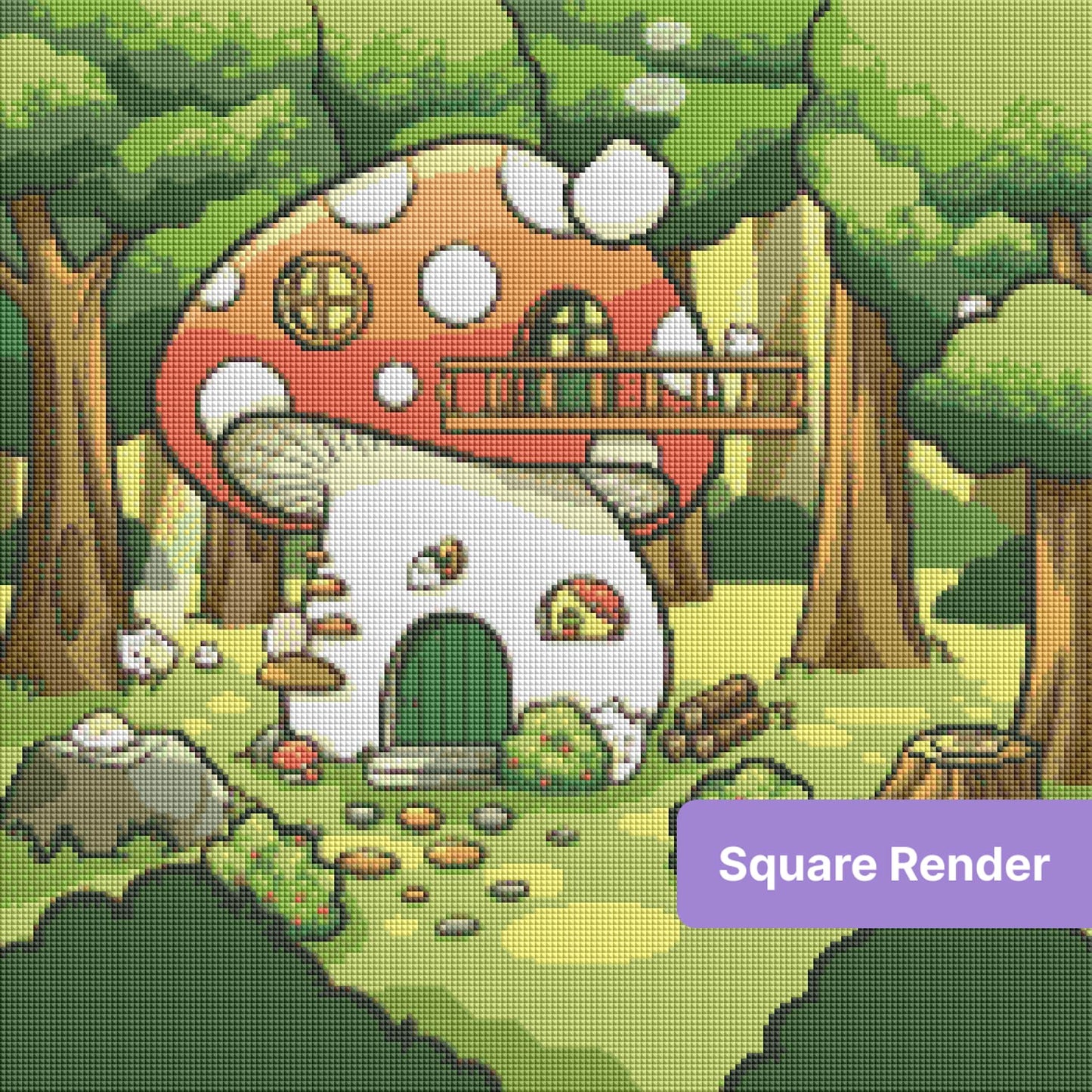 Cute mushroom house in a whimsical forest with trees, greenery, and tiny woodland animals