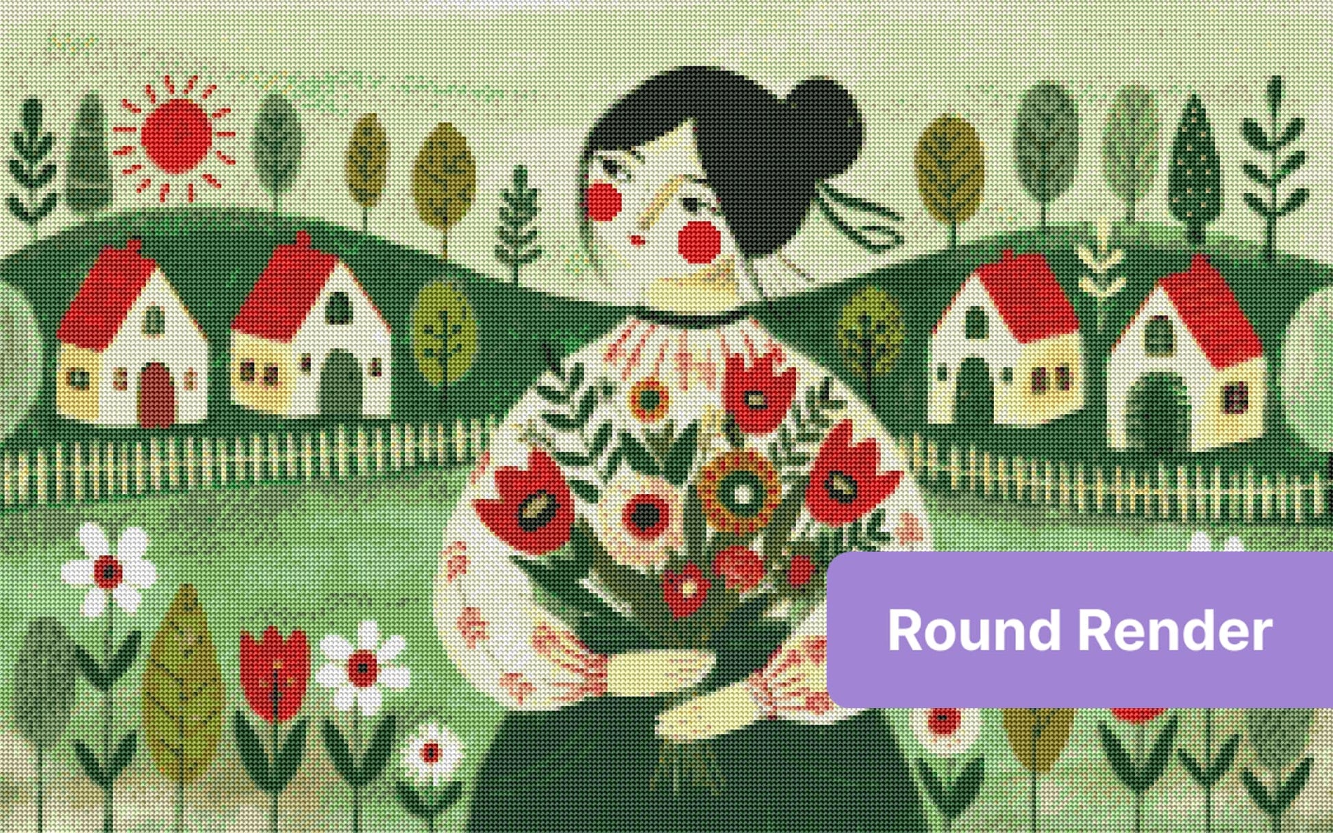 Folk art girl holding flowers in a whimsical village landscape with red-roofed houses and green hills