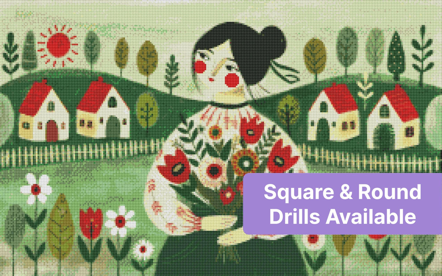 Folk art girl holding flowers in a whimsical village landscape with red-roofed houses and green hills