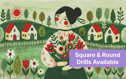 Folk art girl holding flowers in a whimsical village landscape with red-roofed houses and green hills