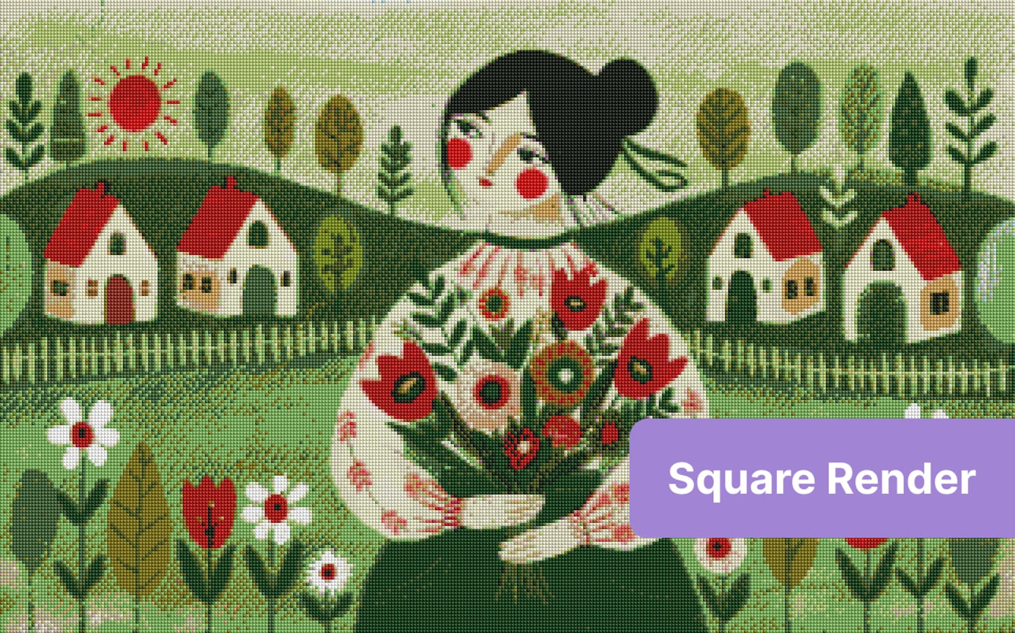 Folk art girl holding flowers in a whimsical village landscape with red-roofed houses and green hills