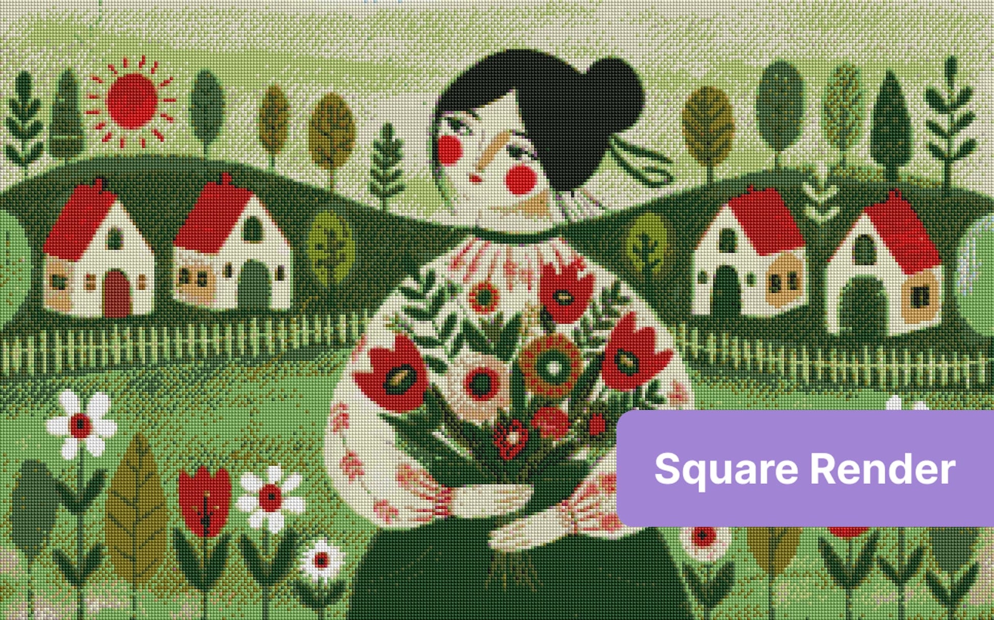 Folk art girl holding flowers in a whimsical village landscape with red-roofed houses and green hills