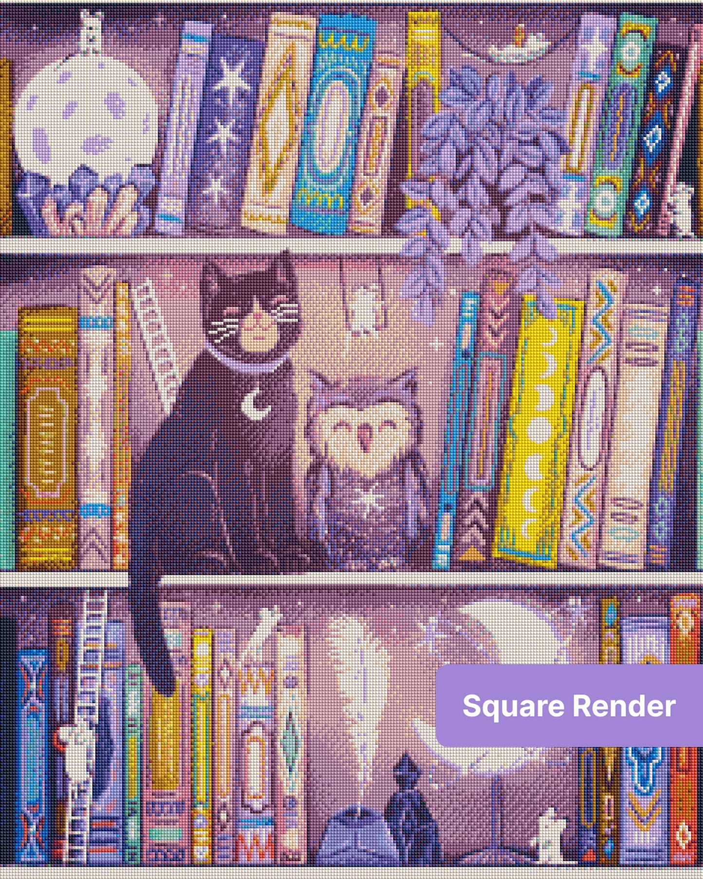 Whimsical moonlit bookshelf with black cat, owl, crescent moons, and pastel decorative books