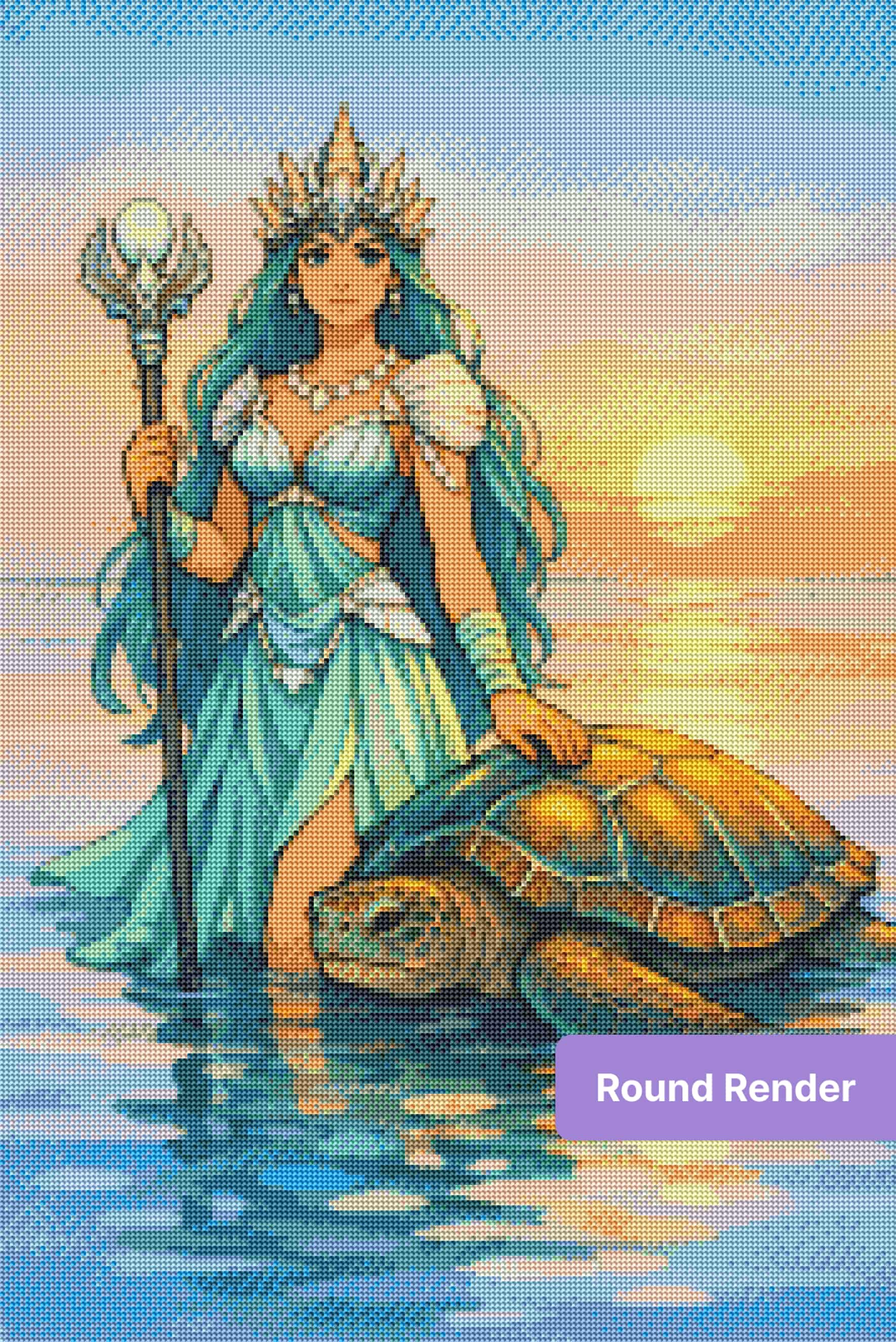 Fantasy mermaid queen with sea turtle in a glowing sunset ocean scene