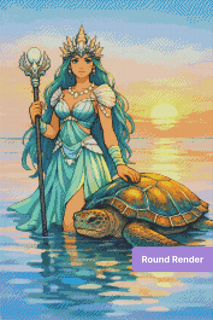 Fantasy mermaid queen with sea turtle in a glowing sunset ocean scene