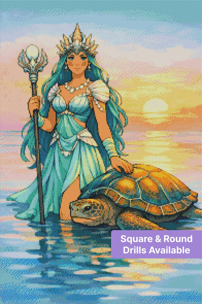 Fantasy mermaid queen with sea turtle in a glowing sunset ocean scene