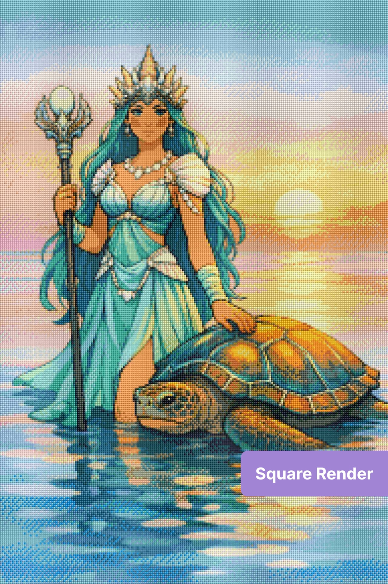 Fantasy mermaid queen with sea turtle in a glowing sunset ocean scene