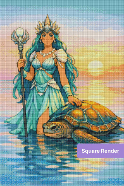 Fantasy mermaid queen with sea turtle in a glowing sunset ocean scene