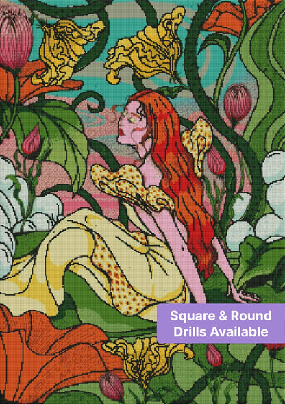 Fantasy red-haired girl among oversized flowers in a vibrant botanical art style