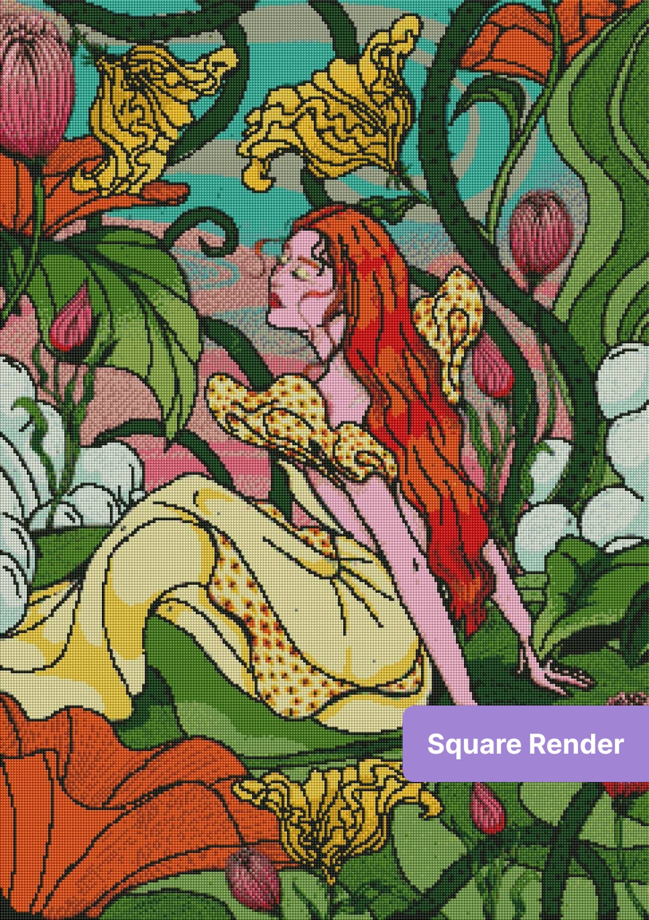 Fantasy red-haired girl among oversized flowers in a vibrant botanical art style