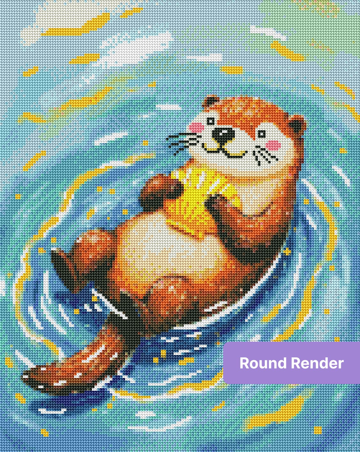 Cute otter holding a yellow seashell in swirling blue water, whimsical painted style
