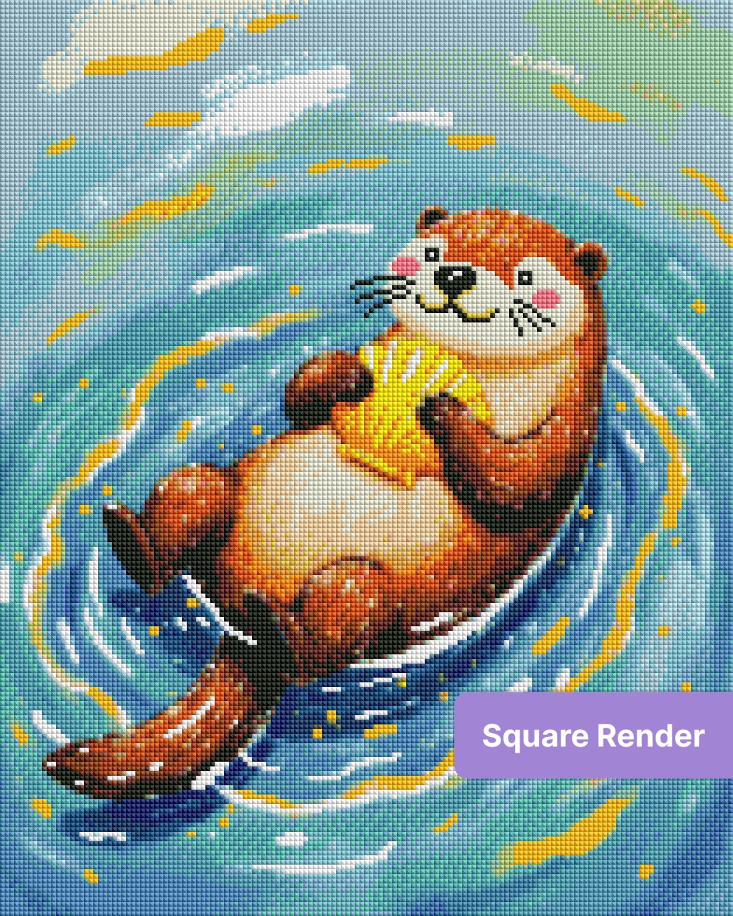 Cute otter holding a yellow seashell in swirling blue water, whimsical painted style