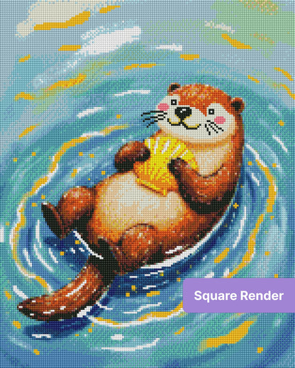 Cute otter holding a yellow seashell in swirling blue water, whimsical painted style