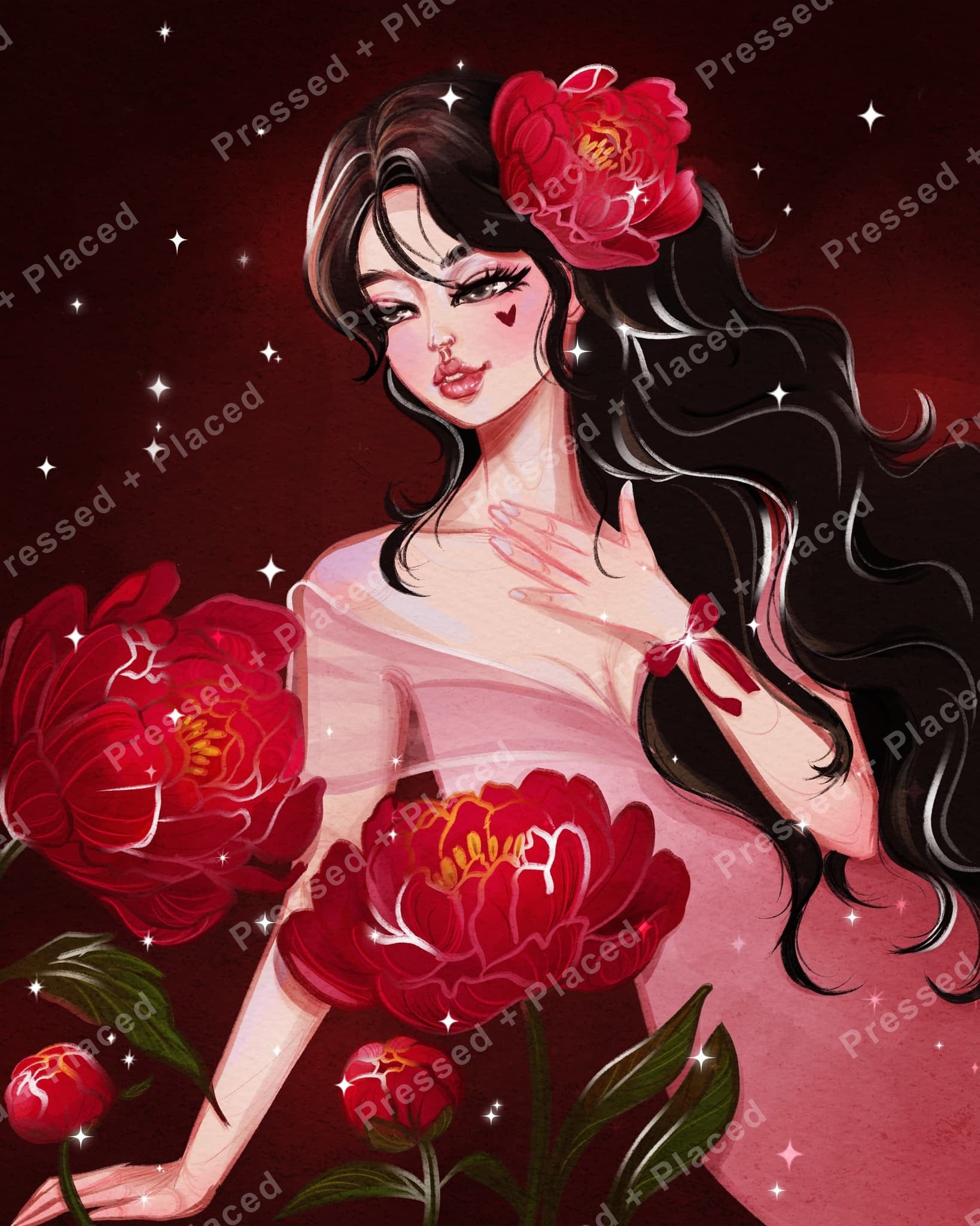 Gothic floral portrait with dark hair, red blossoms, and sparkling burgundy background