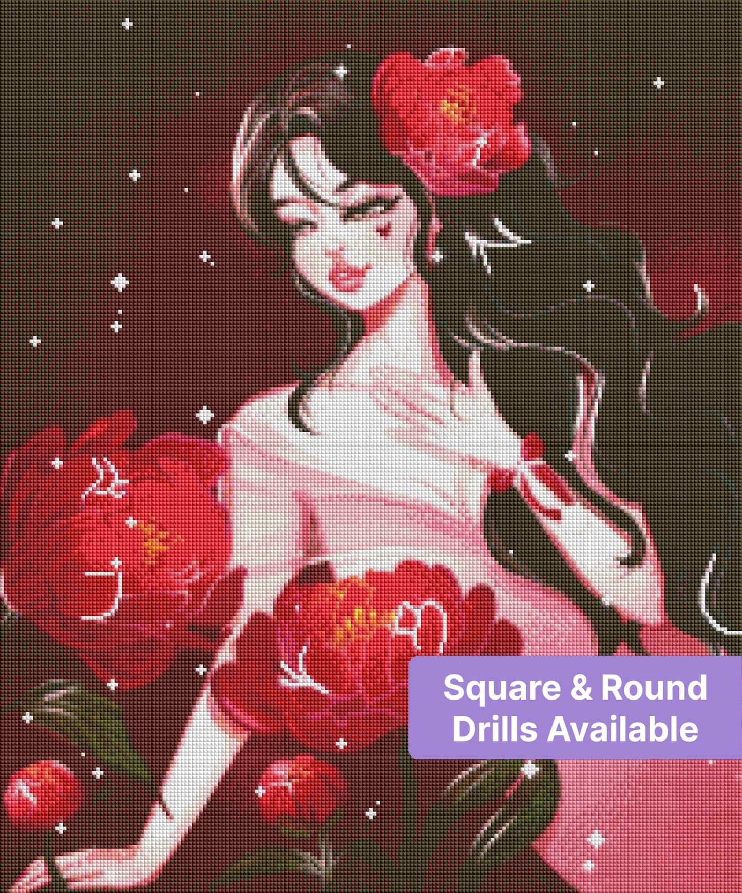 Gothic floral portrait with dark hair, red blossoms, and sparkling burgundy background