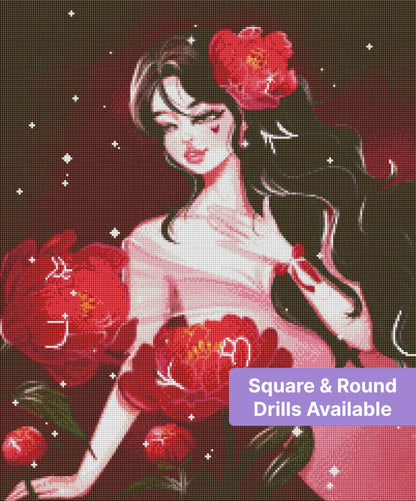 Gothic floral portrait with dark hair, red blossoms, and sparkling burgundy background