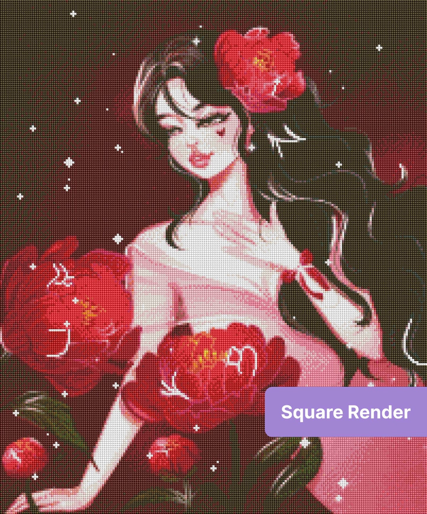 Gothic floral portrait with dark hair, red blossoms, and sparkling burgundy background