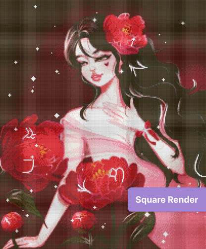 Gothic floral portrait with dark hair, red blossoms, and sparkling burgundy background