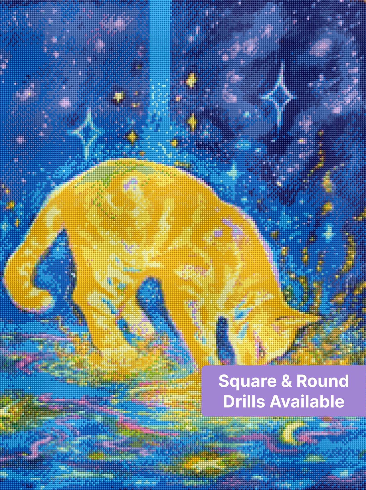 Glowing orange cat in a neon galaxy scene with stars and swirling water