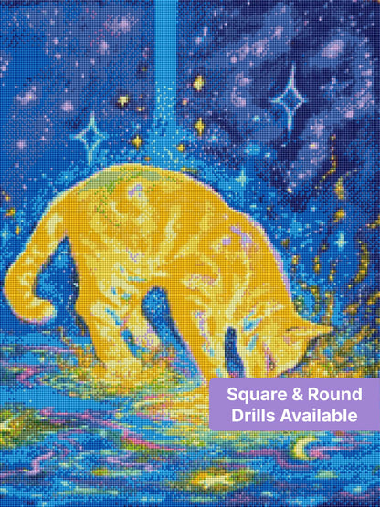 Glowing orange cat in a neon galaxy scene with stars and swirling water