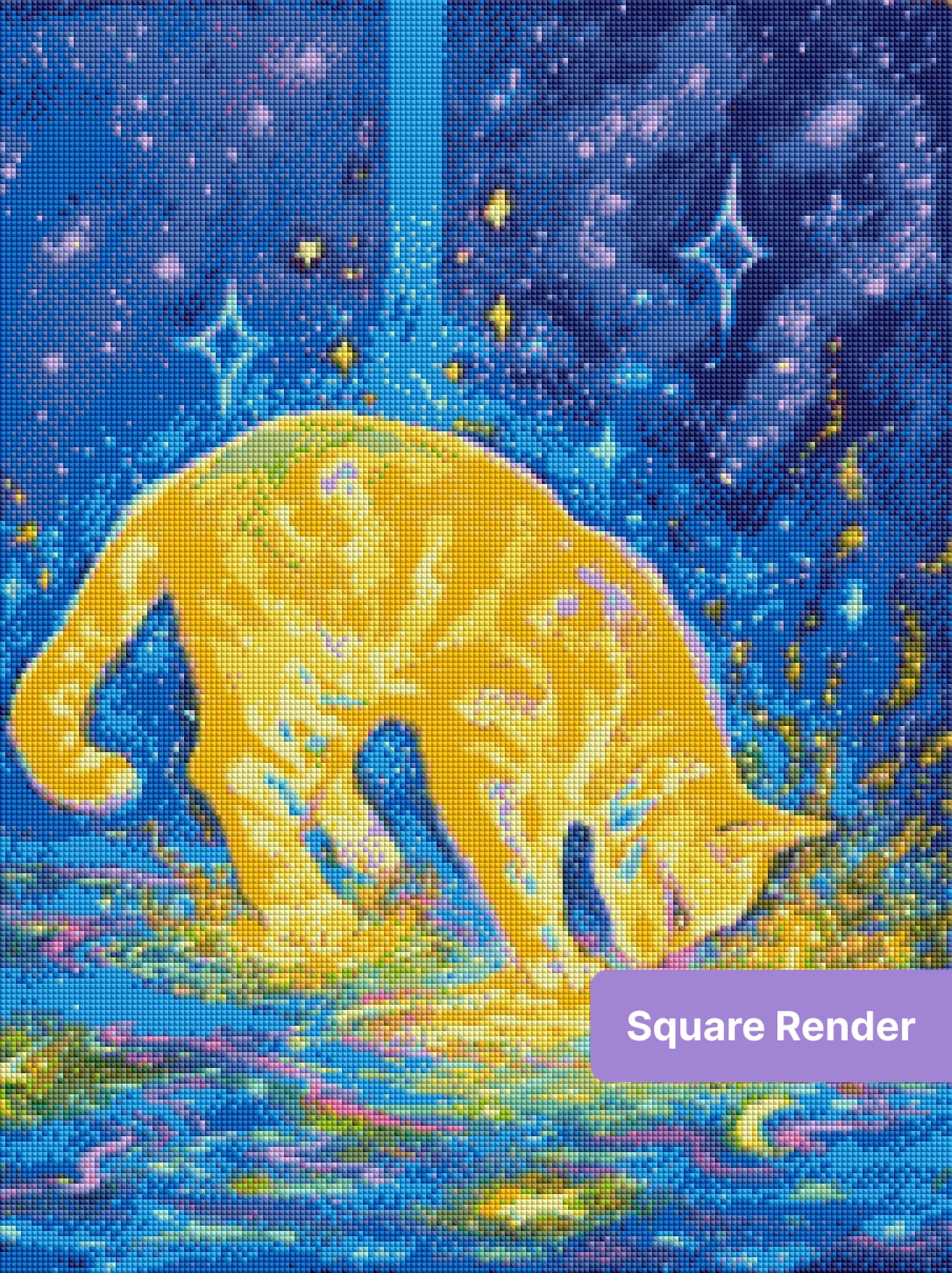 Glowing orange cat in a neon galaxy scene with stars and swirling water