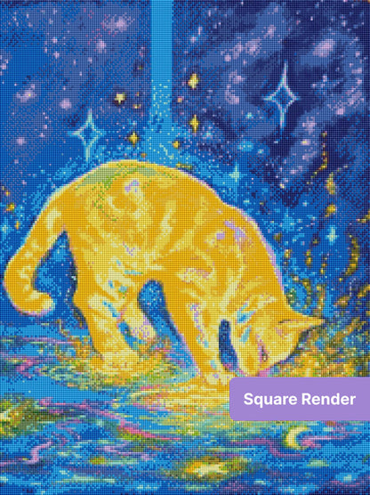 Glowing orange cat in a neon galaxy scene with stars and swirling water