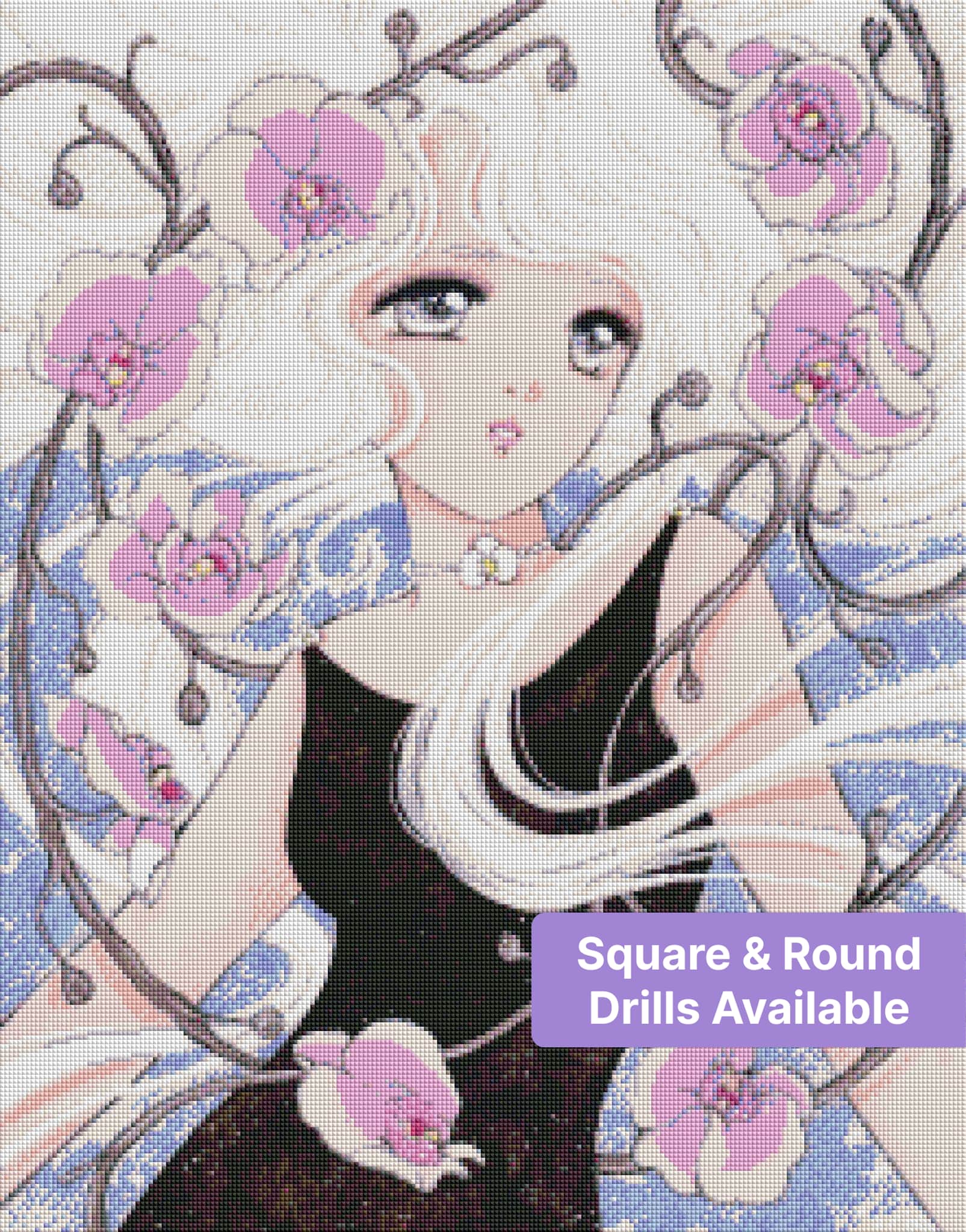 Anime girl with flowing white hair surrounded by pastel orchids in a dreamy floral fantasy style