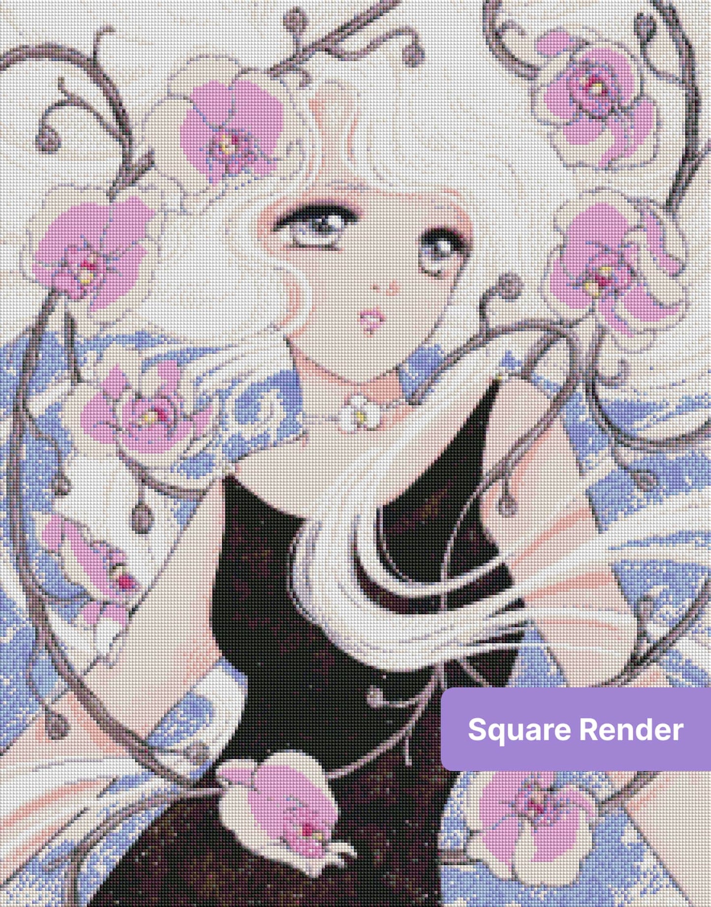 Anime girl with flowing white hair surrounded by pastel orchids in a dreamy floral fantasy style