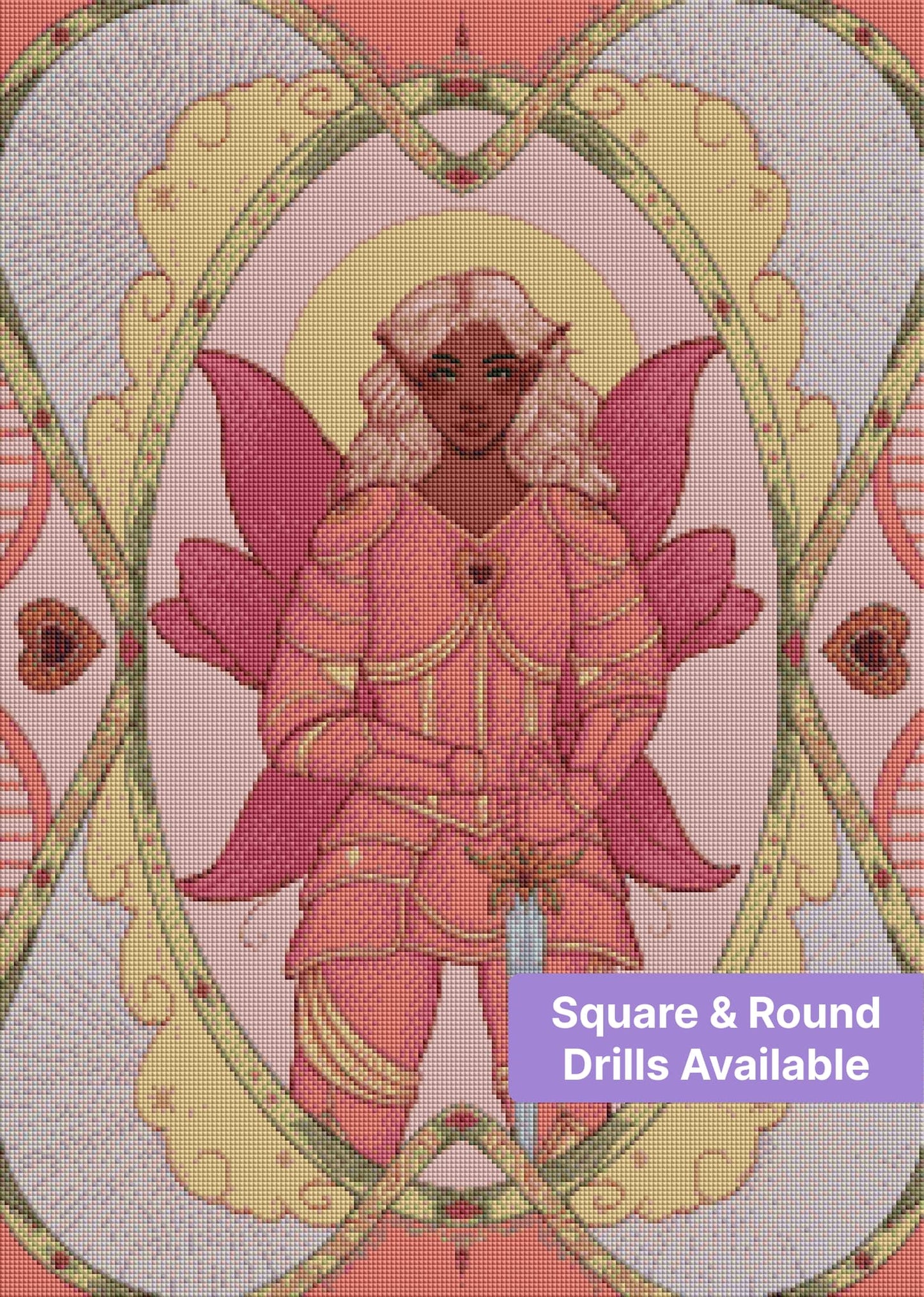 Fantasy elf warrior in pink armor with ornate floral framing and pastel decorative details
