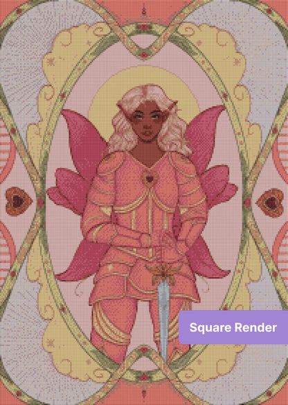 Fantasy elf warrior in pink armor with ornate floral framing and pastel decorative details
