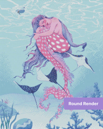 Fantasy mermaid surrounded by ocean rays, coral, and soft blue underwater scenery