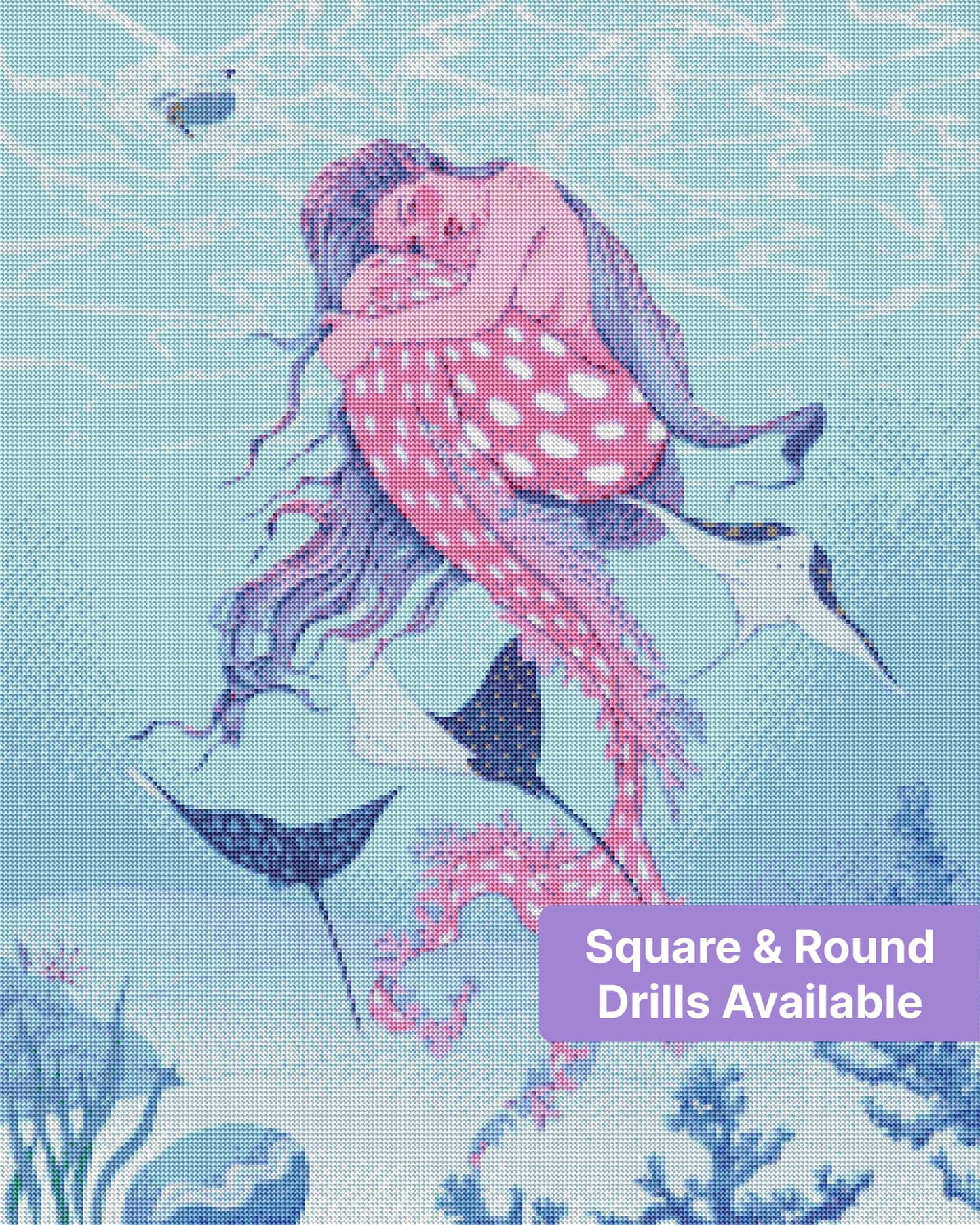 Fantasy mermaid surrounded by ocean rays, coral, and soft blue underwater scenery