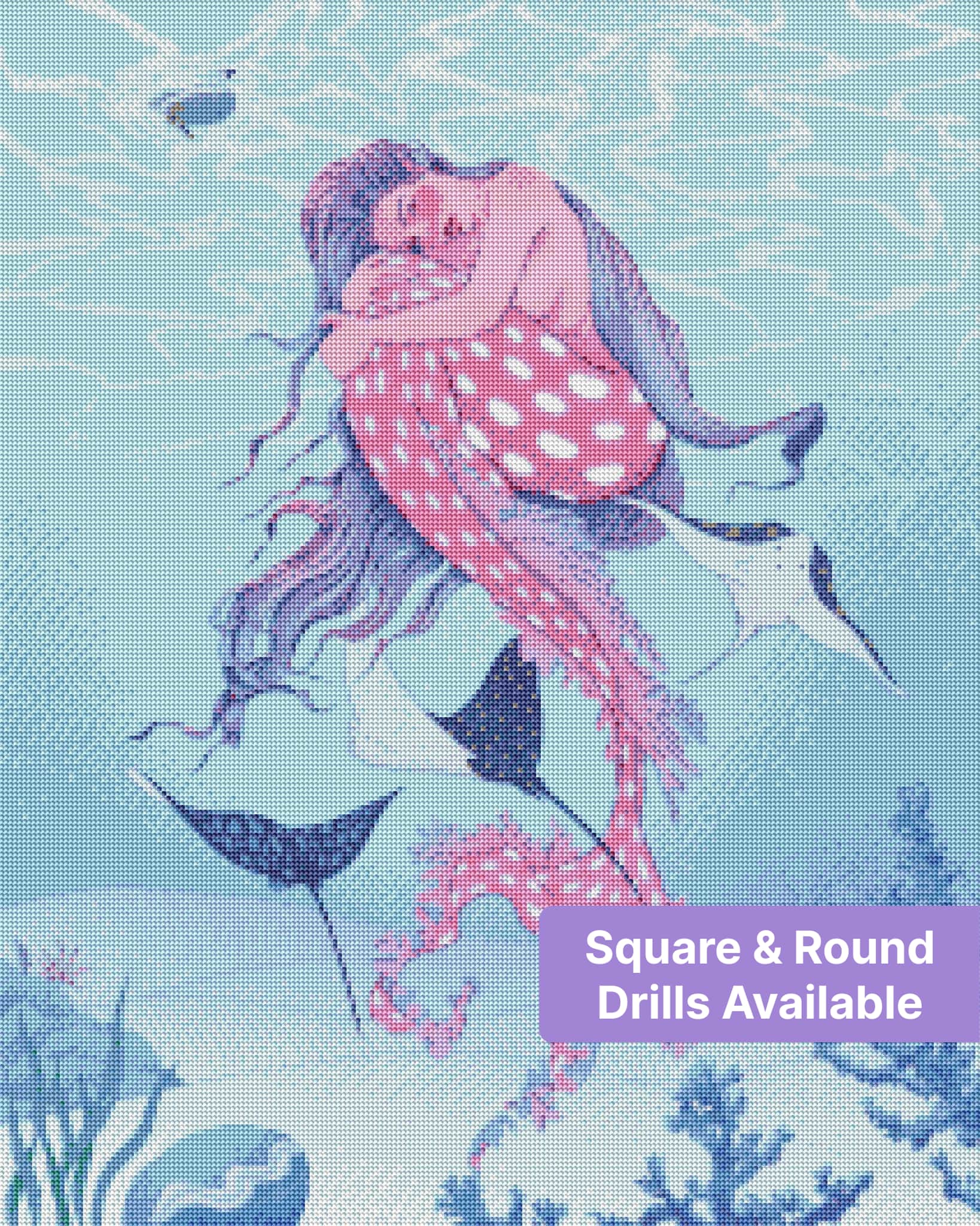 Fantasy mermaid surrounded by ocean rays, coral, and soft blue underwater scenery