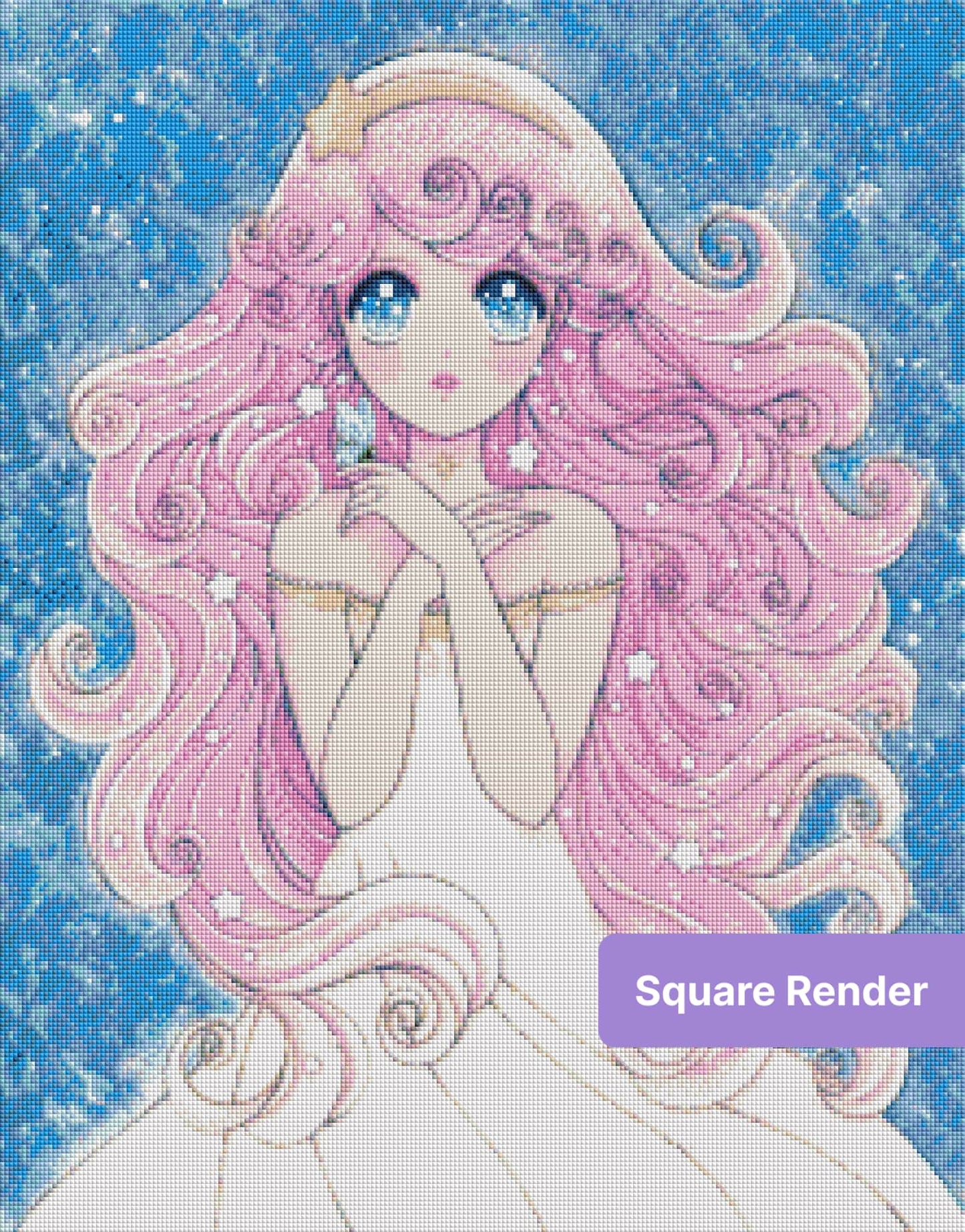 Anime-style pink-haired fairy princess with starry eyes on a blue magical background
