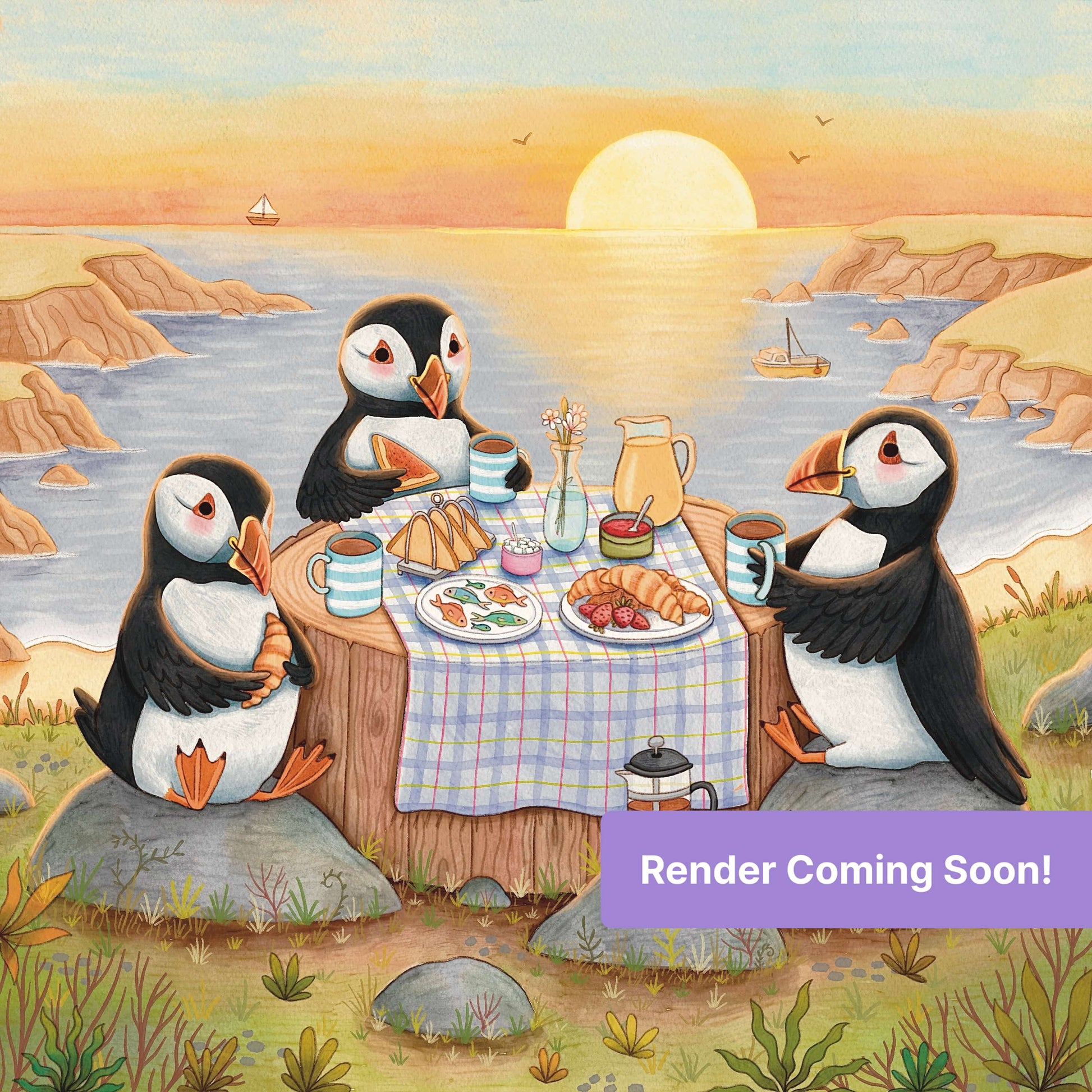 Whimsical watercolor penguins enjoying a seaside picnic at sunset on rocky cliffs
