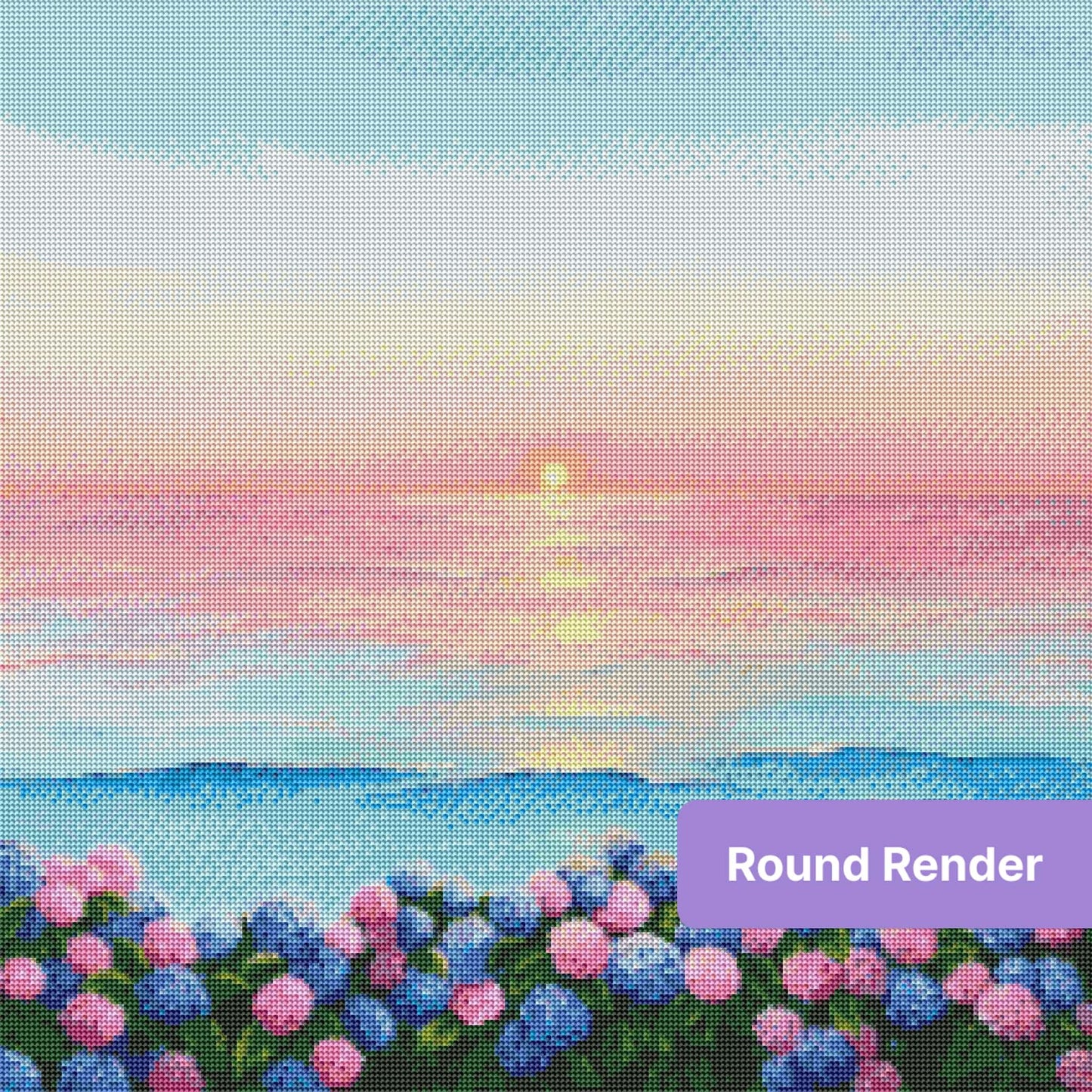 Pastel sunrise seascape with hydrangea flowers in pink and blue along the shore