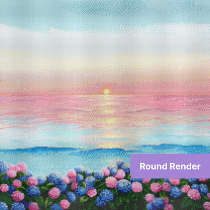 Pastel sunrise seascape with hydrangea flowers in pink and blue along the shore