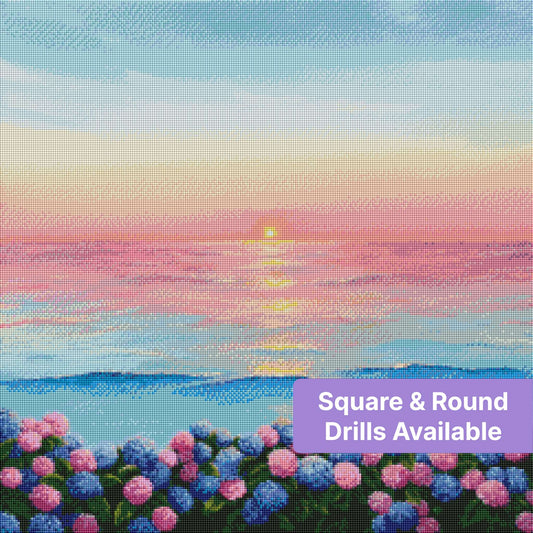 Pastel sunrise seascape with hydrangea flowers in pink and blue along the shore