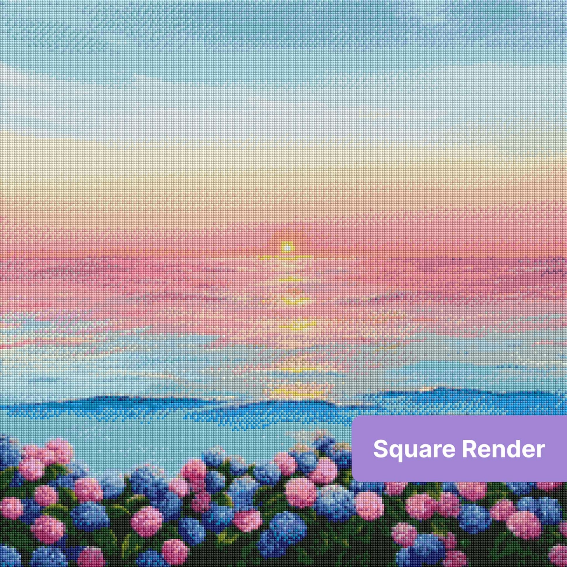 Pastel sunrise seascape with hydrangea flowers in pink and blue along the shore