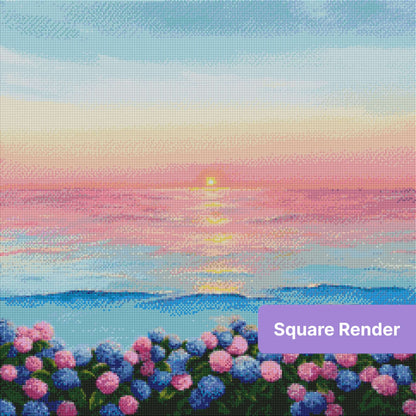 Pastel sunrise seascape with hydrangea flowers in pink and blue along the shore